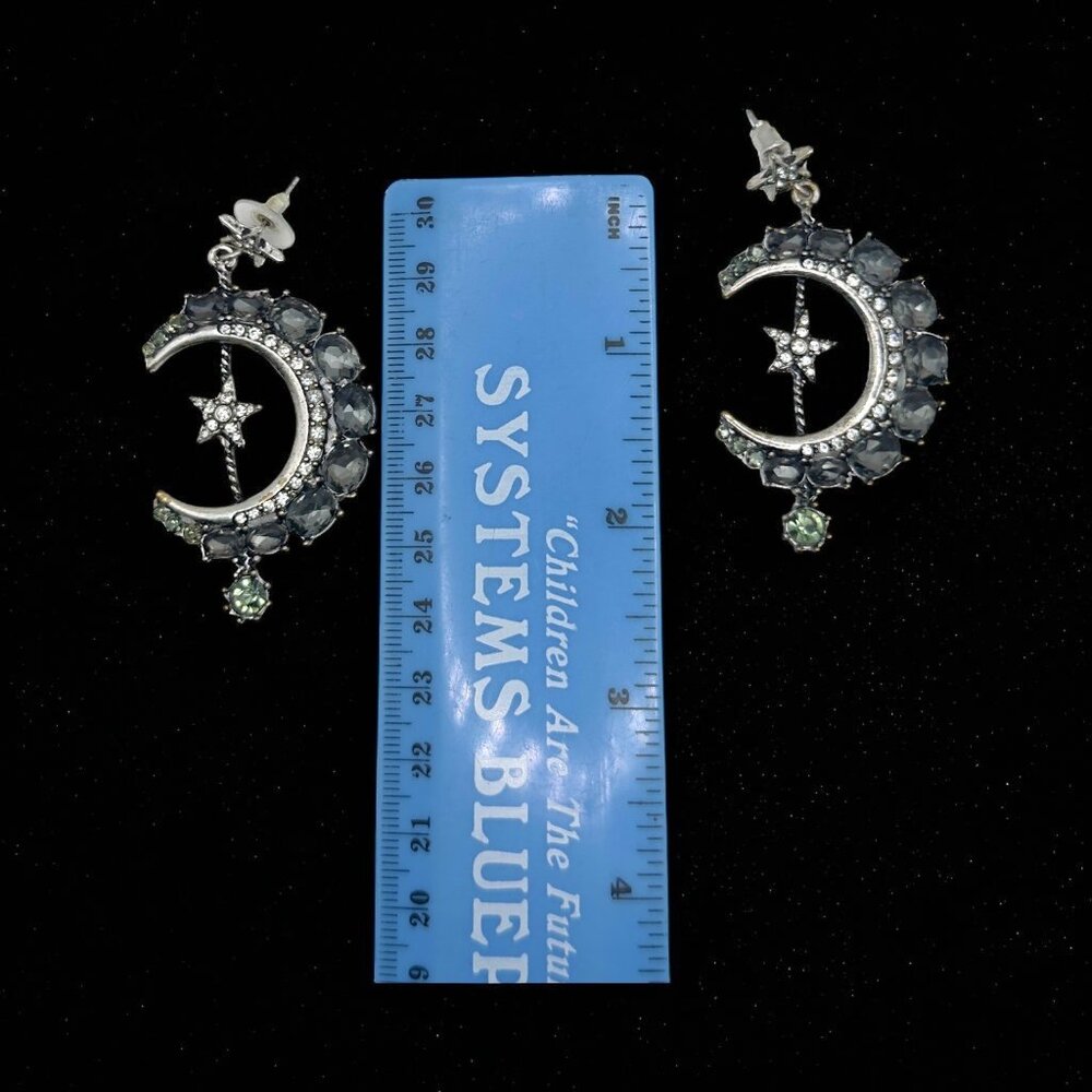 Celestial Moon & Star Dangle Earrings Rhinestone Silver-Tone Statement Jewelry - Picture 5 of 6
